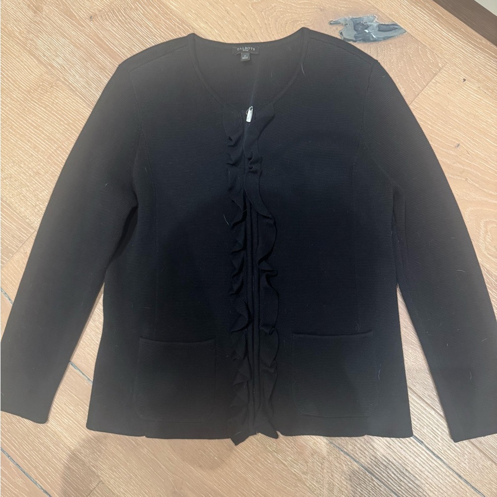 Talbots Petite Black Ruffled Sweater Jacket